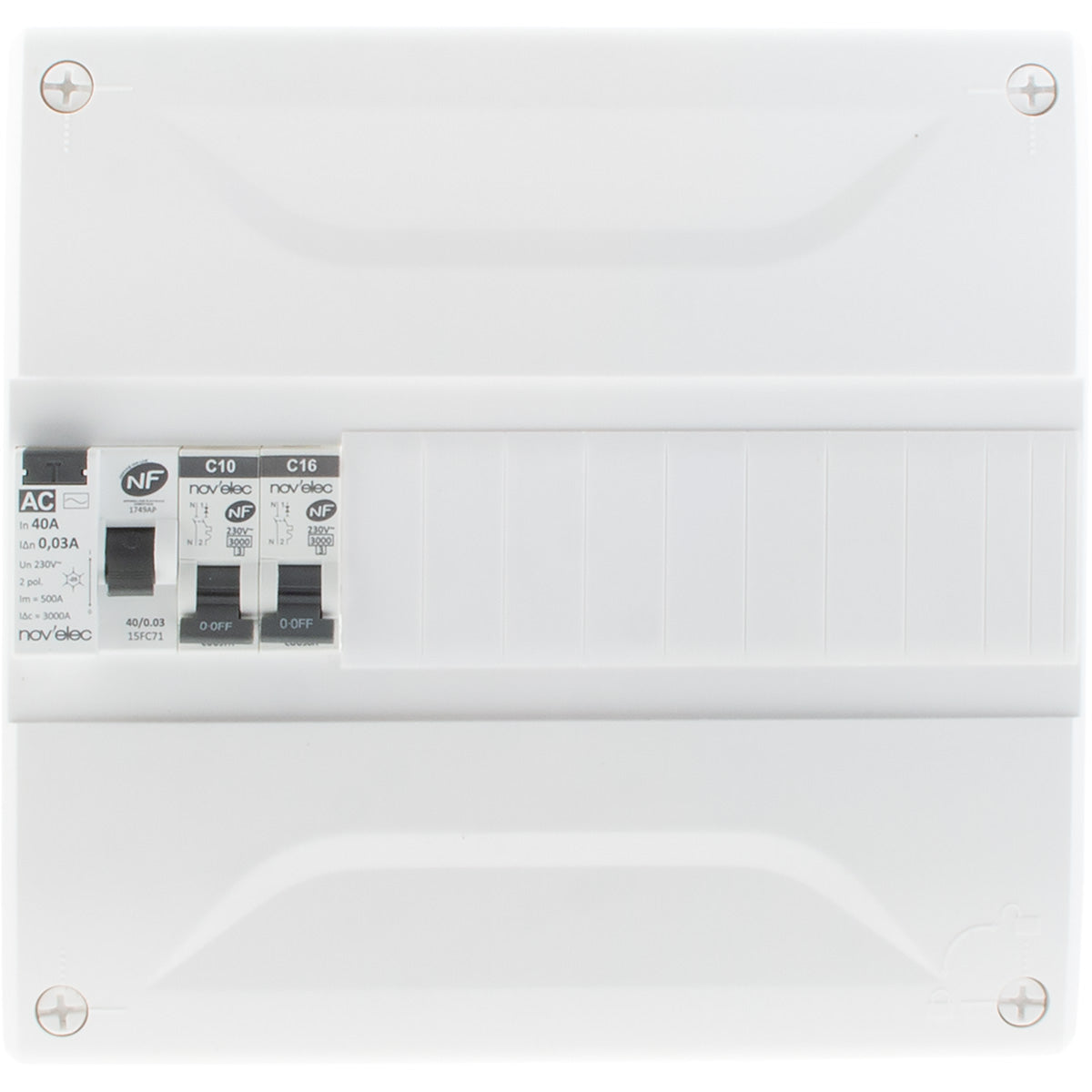 Coffret électrique pré-équipé 13 modules + 1 disjoncteur 10A + 1 disjoncteur 16A + 1 différentiel 40A AC 30mA - Novelec