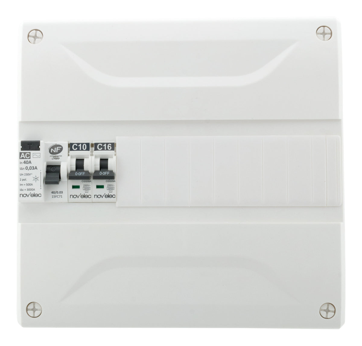 Coffret électrique pré-équipé 13 modules + 1 disjoncteur 10A + 1 disjoncteur 16A + 1 différentiel 40A AC 30mA - Novelec