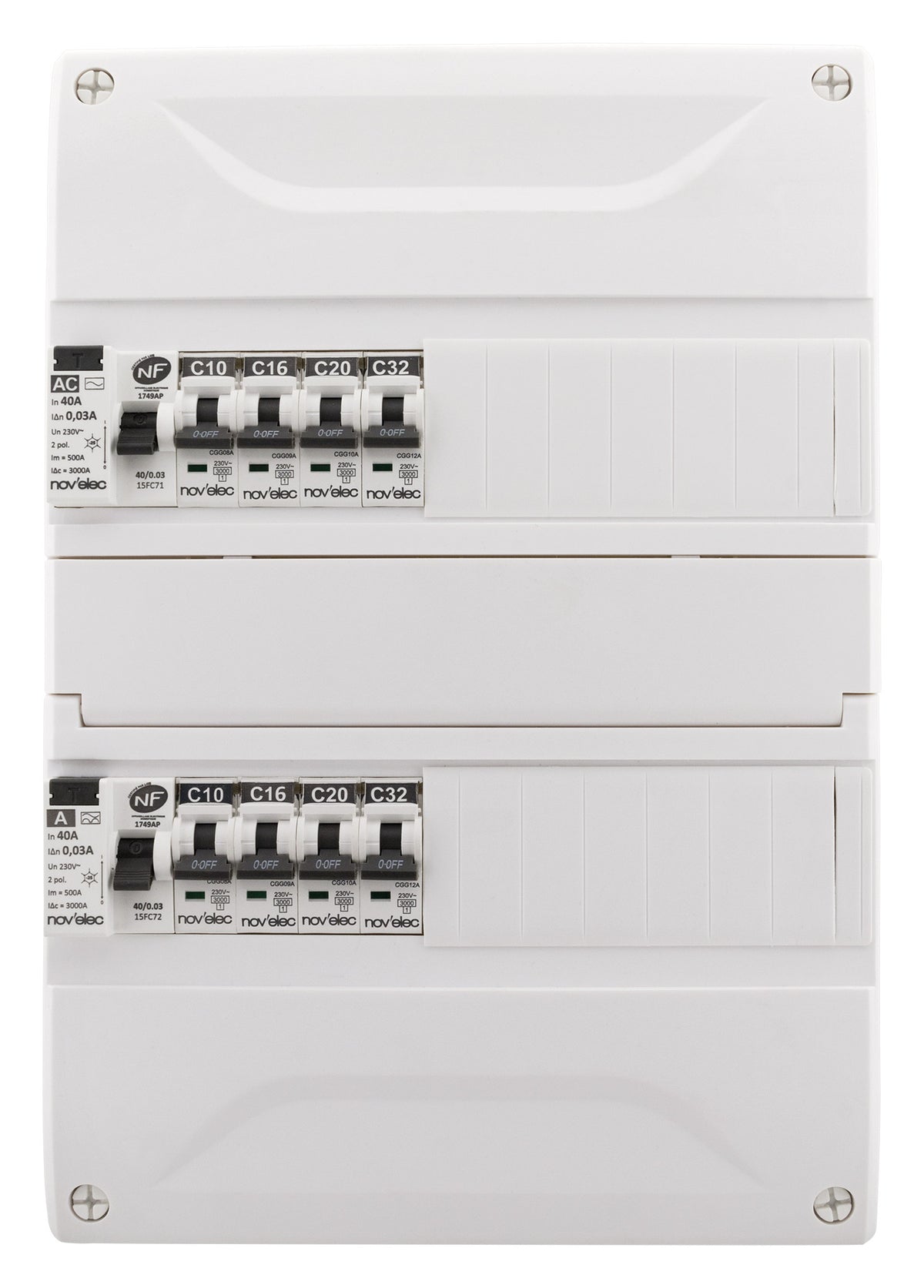 Coffret électrique pré-équipé 26 modules 2 rangées - 2x10A + 2x16A + 3x20A + 1x32A + 2 ID 40A - Novelec