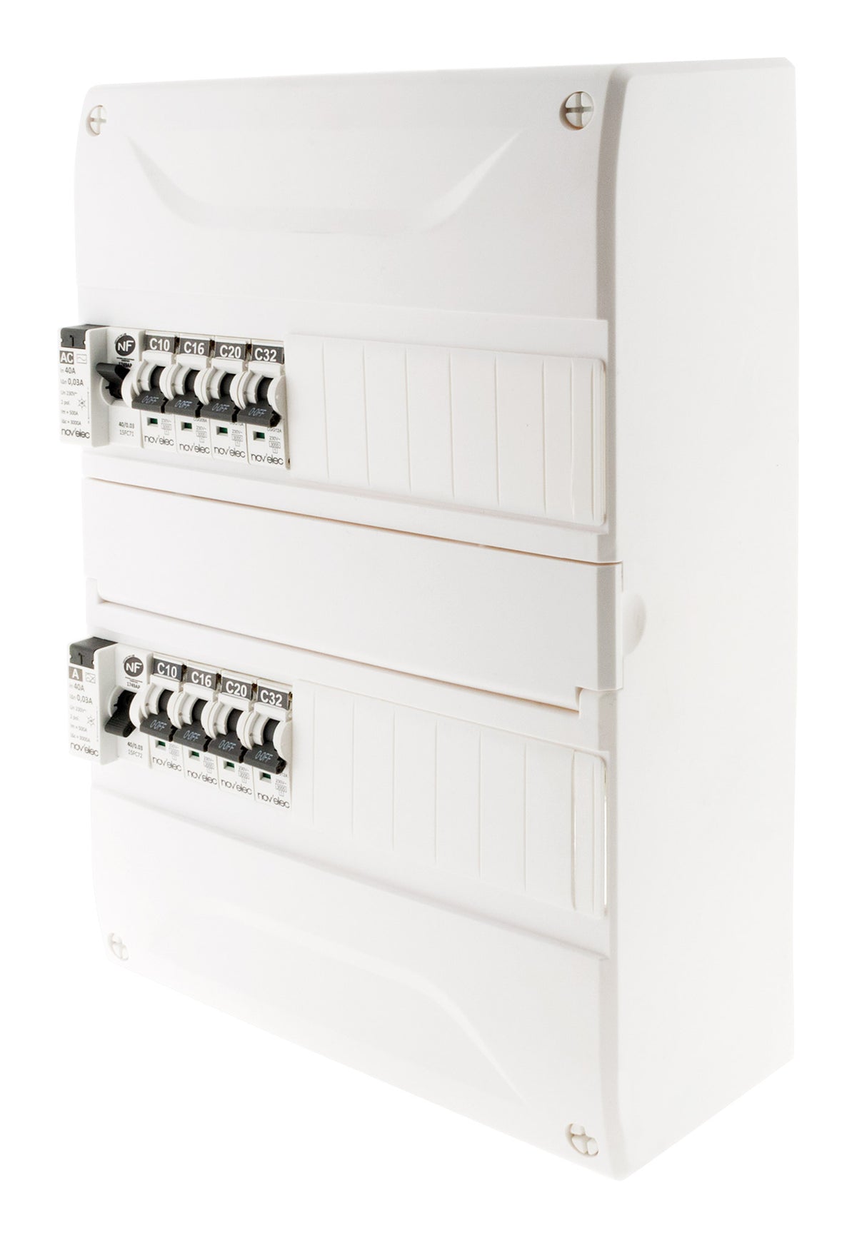 Coffret électrique pré-équipé 26 modules 2 rangées - 2x10A + 2x16A + 3x20A + 1x32A + 2 ID 40A - Novelec