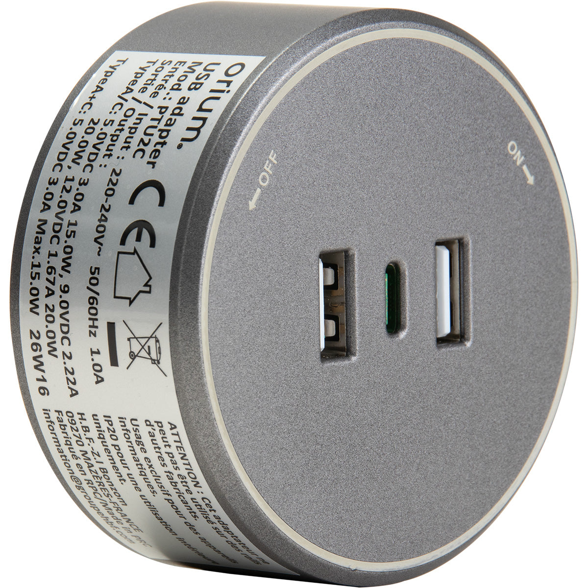Module chargeur USB amovible pour rail électrique 2 x USB-A + 1 x USB-C - Orium