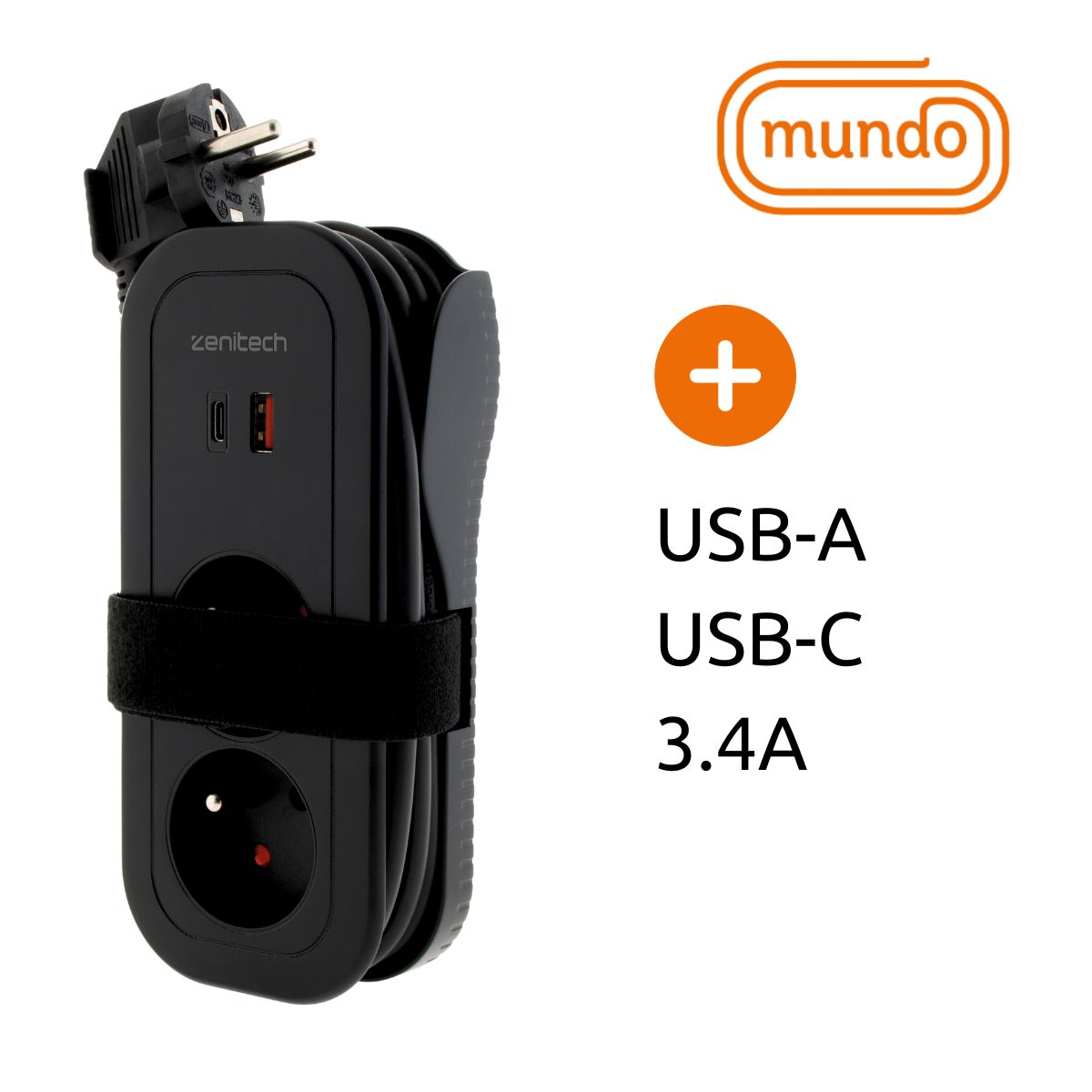 Bloc multiprise nomade 4 prises dont 2 USB - Noir - Mundo - Zenitech