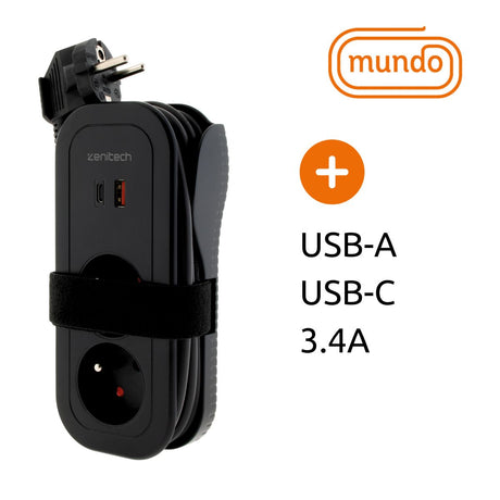 Bloc multiprise nomade 4 prises dont 2 USB - Noir - Mundo - Zenitech