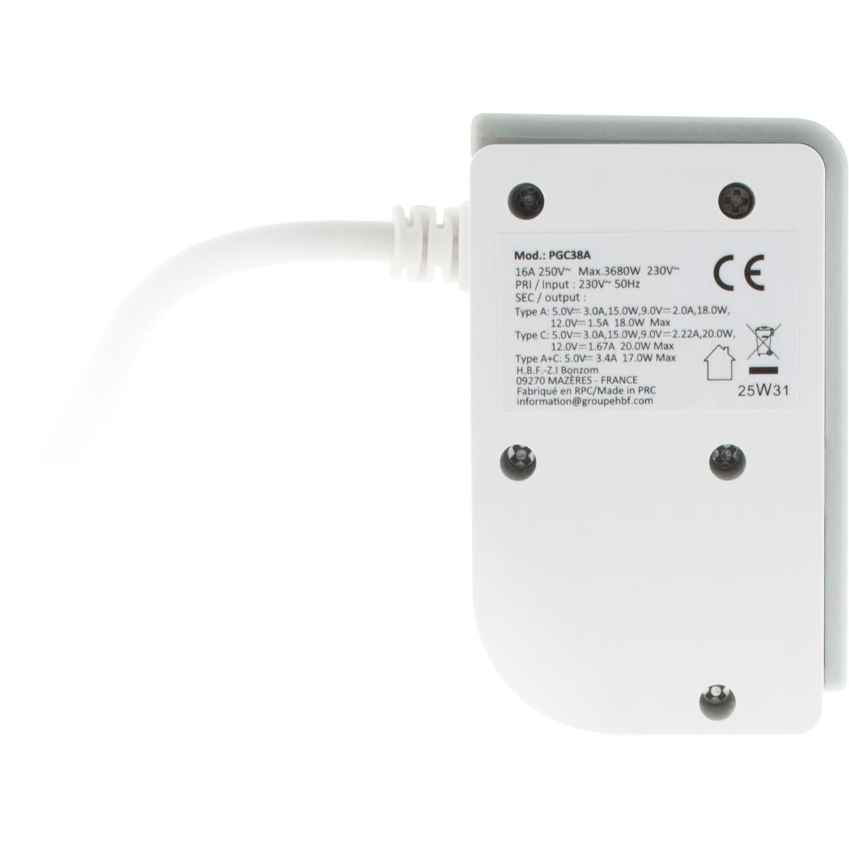 Bloc multiprise Gekko XS clipsable 2 USB A+C 20W 1.5m blanc - Otio
