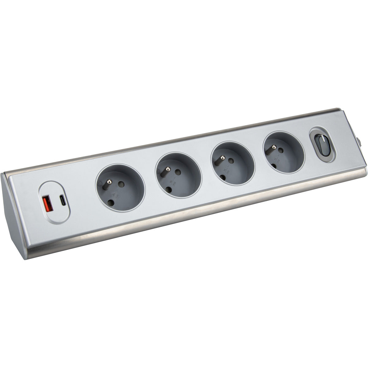 Bloc multiprise d'angle 4x16A + 2 USB A + C 20W + interrupteur - Inox - Otio