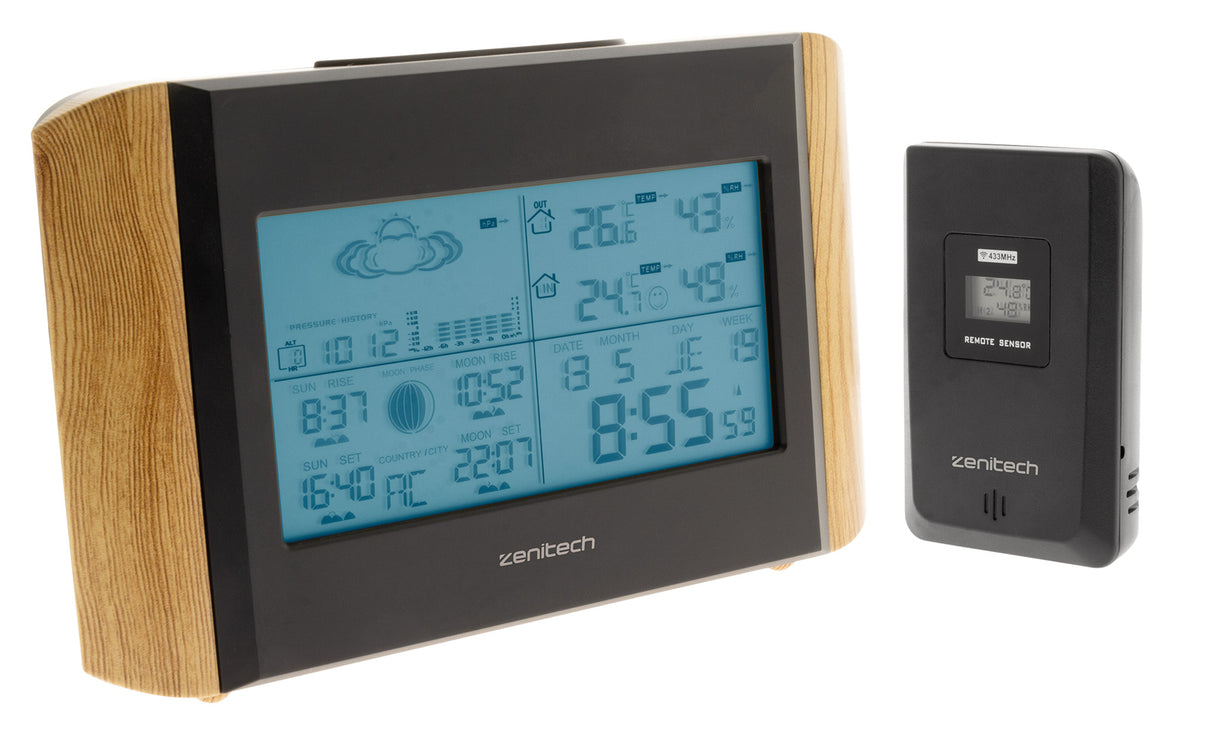 Station météo effet bois avec capteur sans fil (IP44) - Zenitech