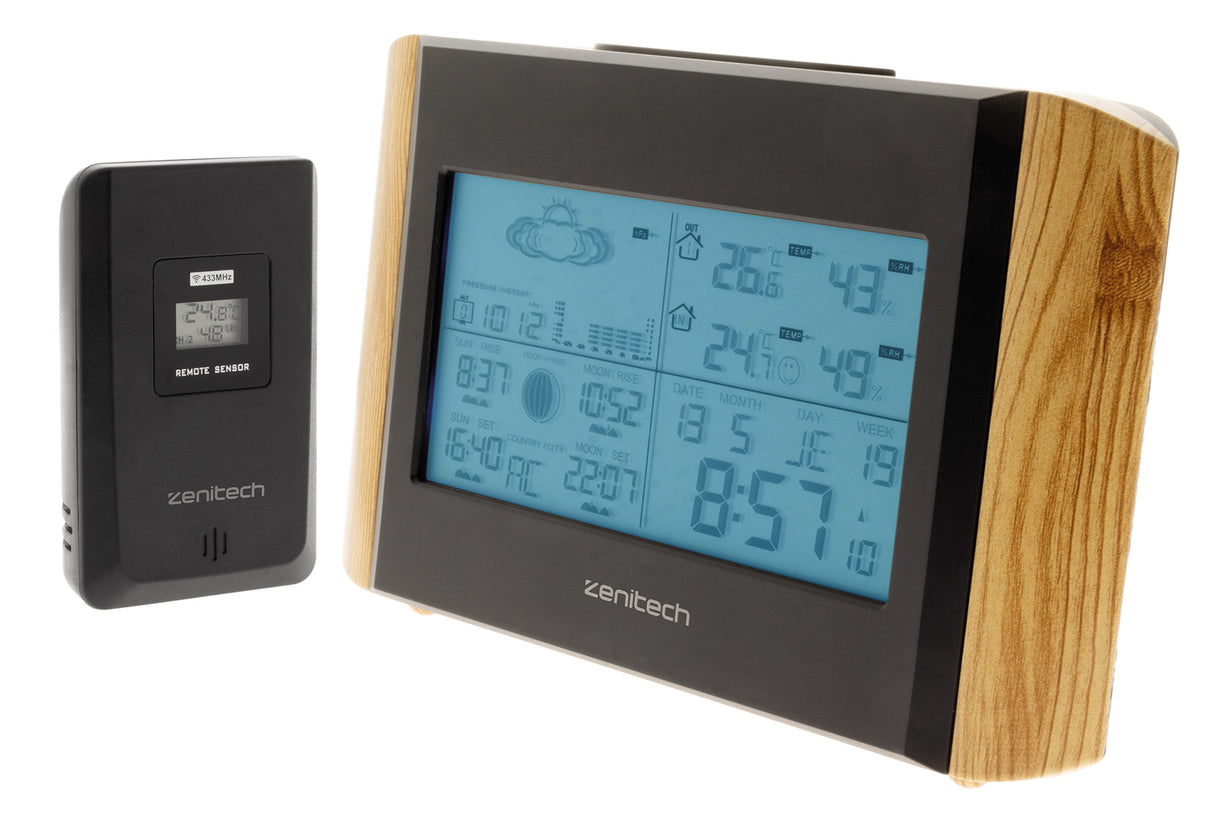 Station météo effet bois avec capteur sans fil (IP44) - Zenitech