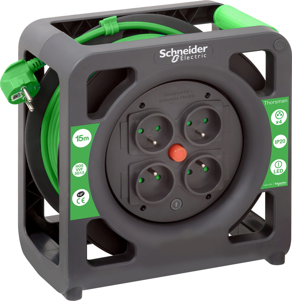 Enrouleur compact 15m 4 prises 2P+T IP20 - Schneider