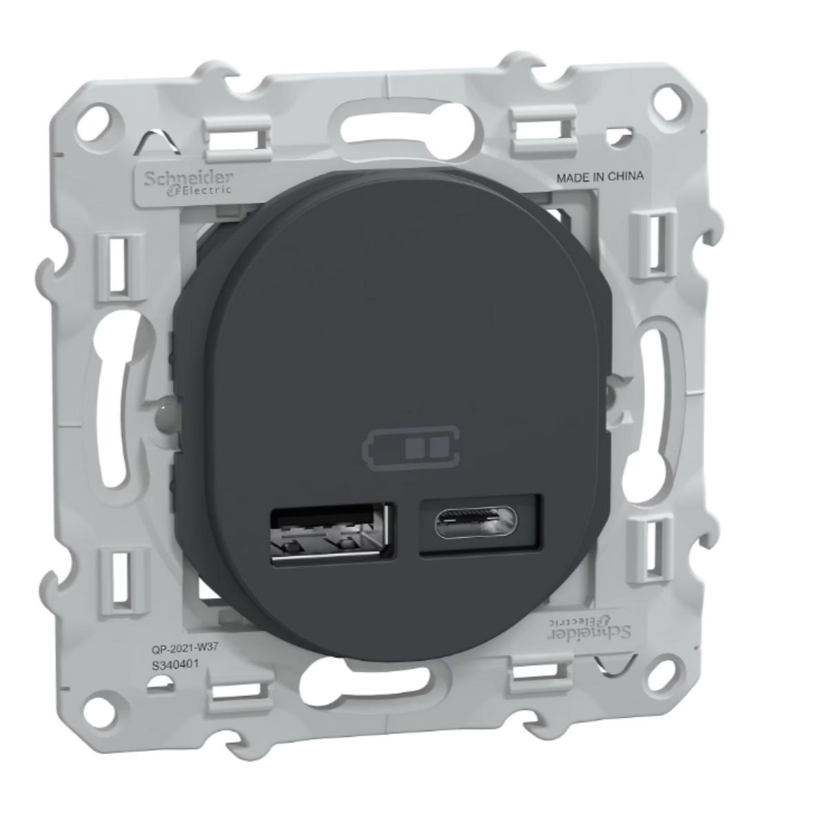 Double chargeur USB A+C 12W anthracite encastré - Ovalis - Schneider