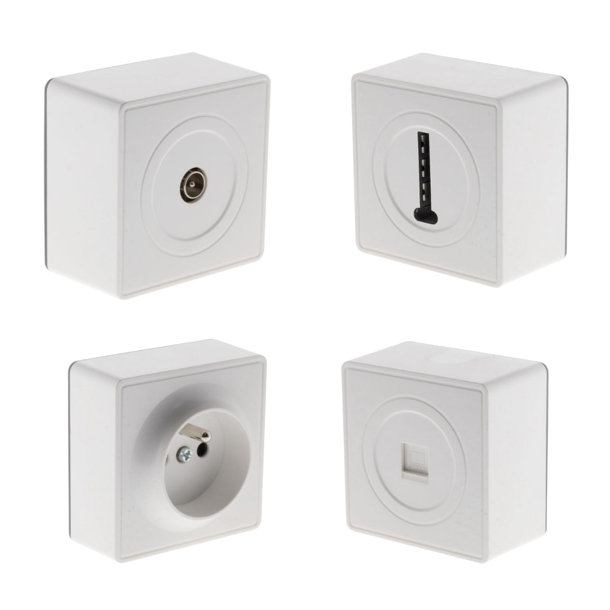Prise simple en saillie + prise TV Ø9,52 mm + prise téléphone RJ45 + prise téléphone 8 plots - Zenitech