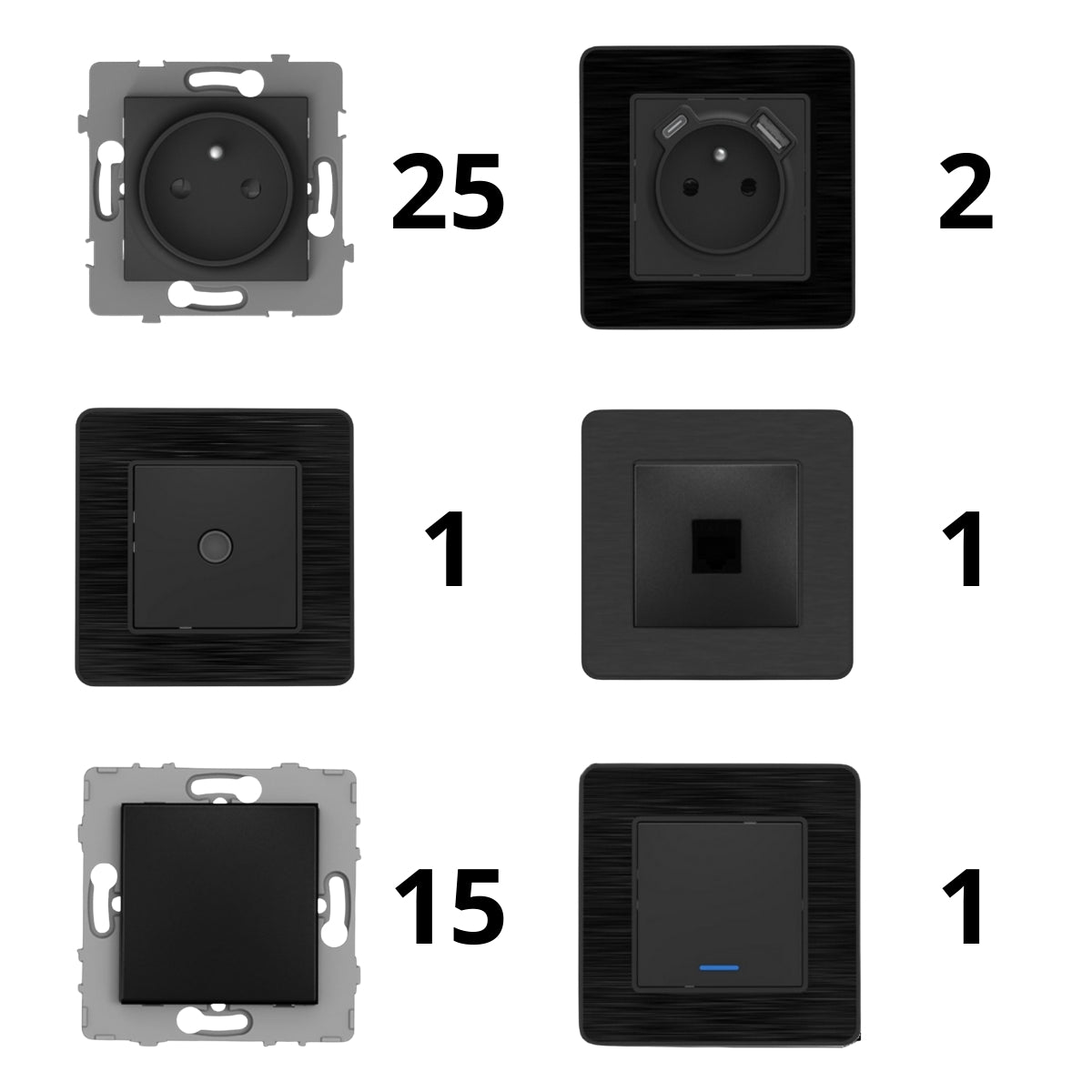 Set de 2 prises 16A + 2 interrupteurs va et vient + prise RJ45 + prise TV - idéal T3 - Zenitech