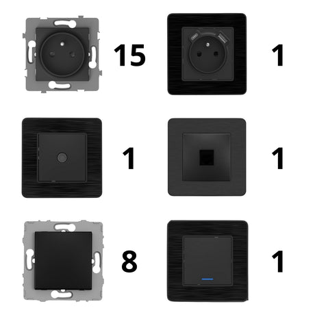 Set de 2 prises 16A + 2 interrupteurs va et vient + prise RJ45 + prise TV - idéal T2 - Zenitech