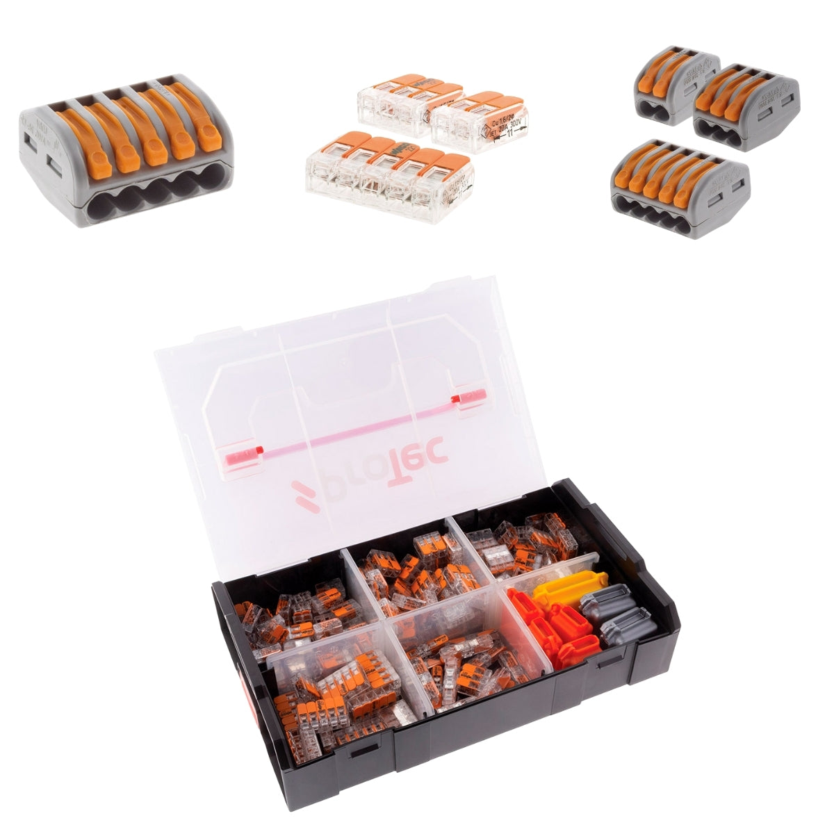 Lot de 60 bornes de raccordement + 30 + 50 bornes automatiques à cliquet S222 + valisette mini avec bornes In Line - Protec