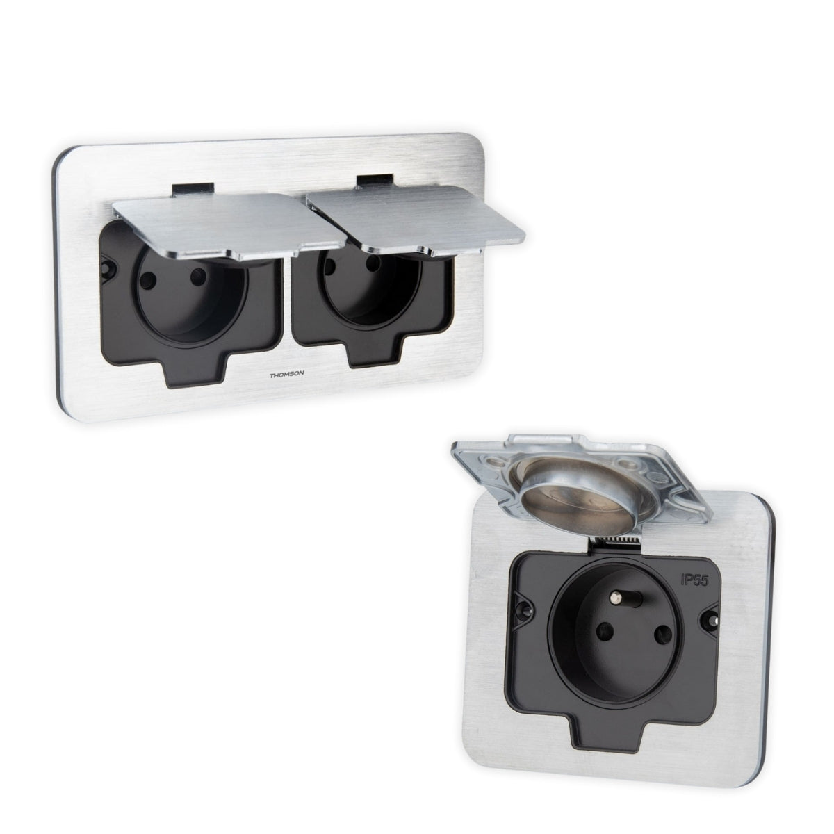 Prise de sol étanche simple + double 16A - 2P+T IP55 - métal Brossé - Protec