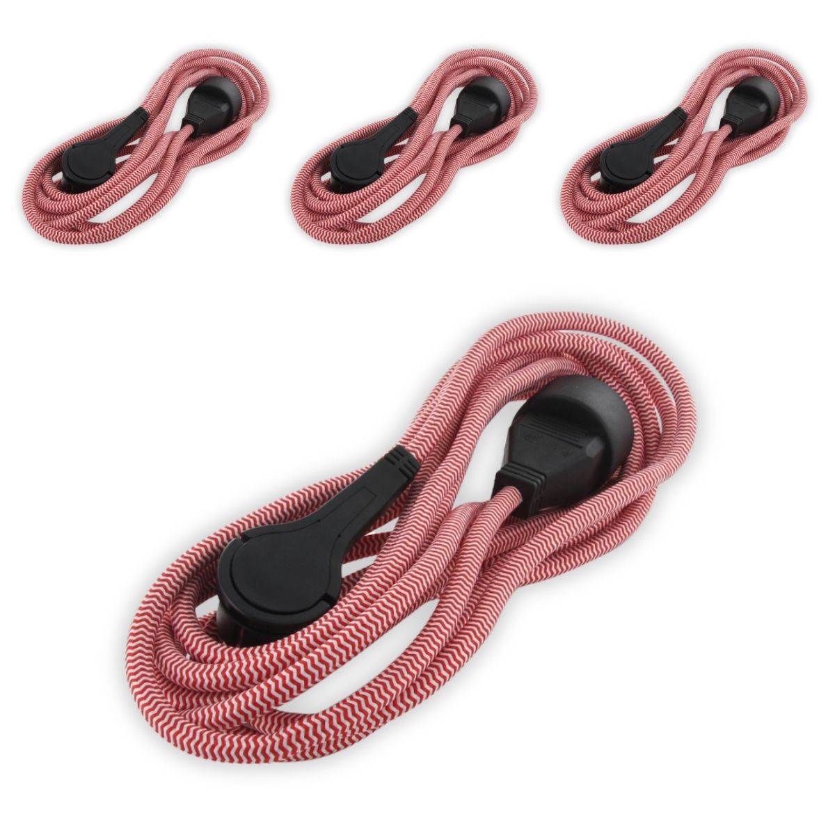 Lot de 4 rallonges textile fiche plate - 3m - prise terre - Blanc et Rouge - Chacon