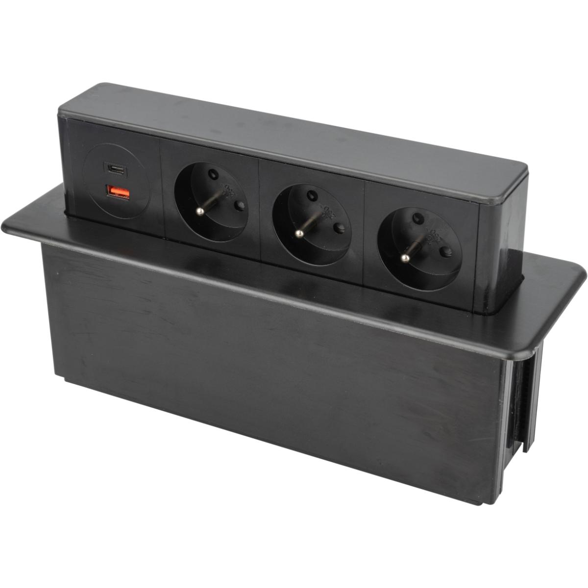 Lot de 3 blocs multiprises encastrables 3x16A 2P+T avec 2 ports USB - Noir - Otio