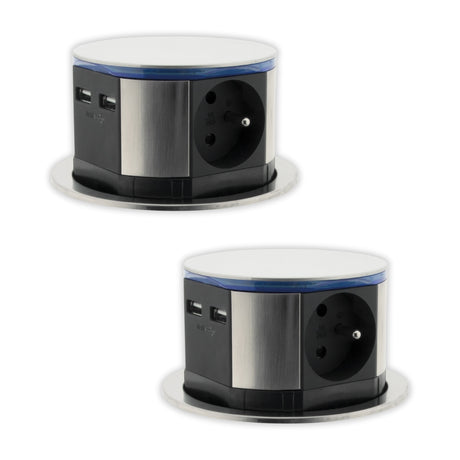 Lot de 2 blocs prises encastrables compacts 2P+T 16A + USB - Otio
