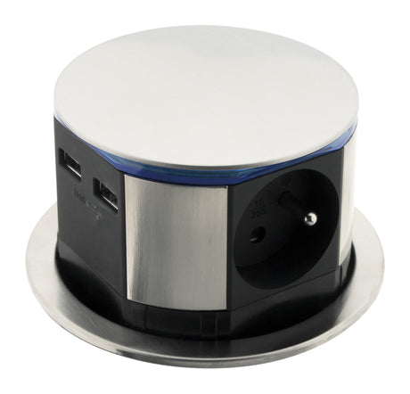 Lot de 2 blocs multiprises encastrables compact LED 3 prises 16A 2P+T & 2xUSB - Inox - Otio