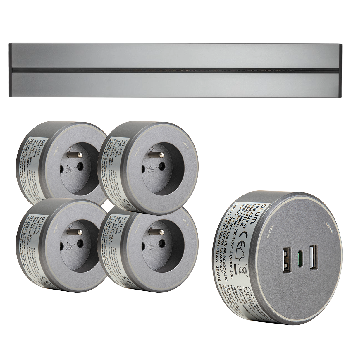 Rail électrique saillie 100cm + 4 prises + 1 module USB - argent - Orium