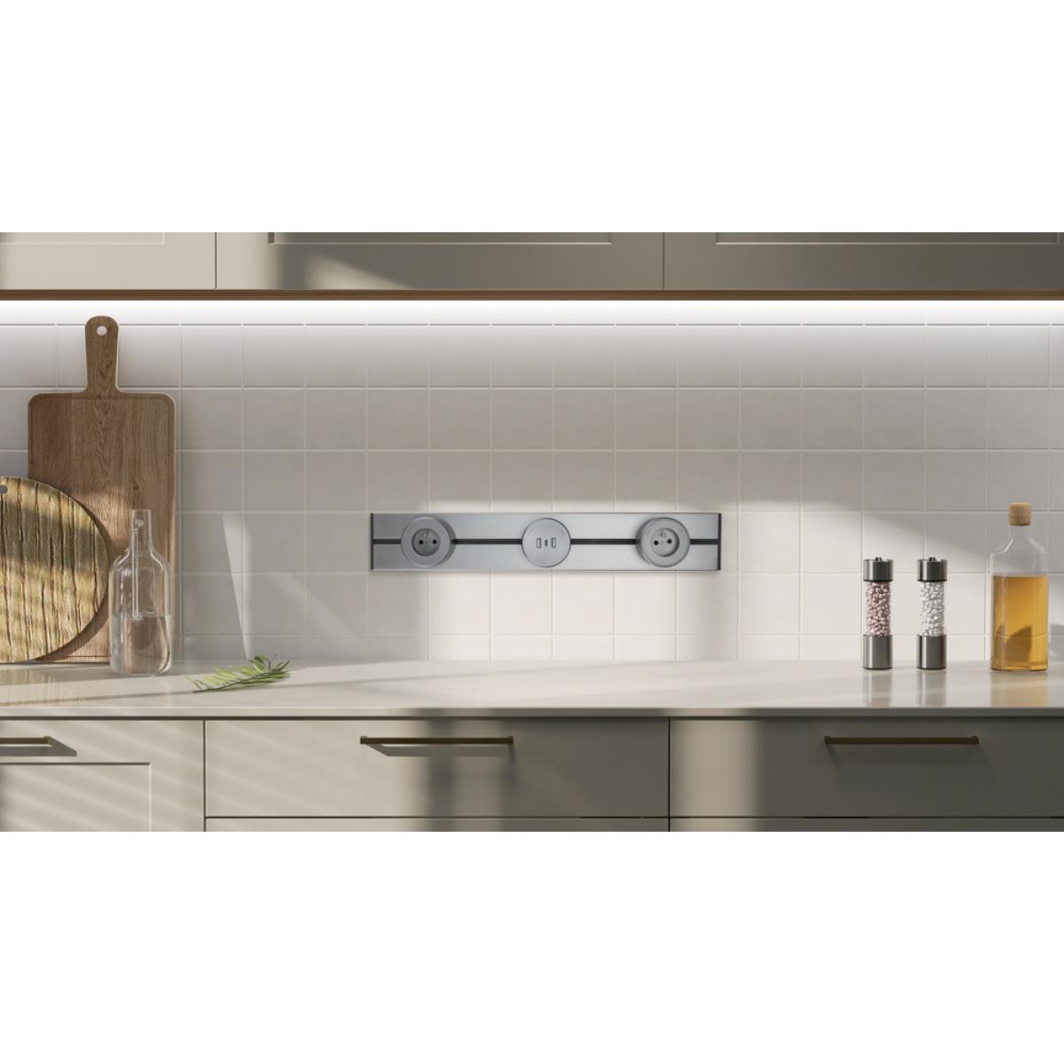 Rail électrique saillie 50cm + 2 prises + 1 module USB - argent - Orium