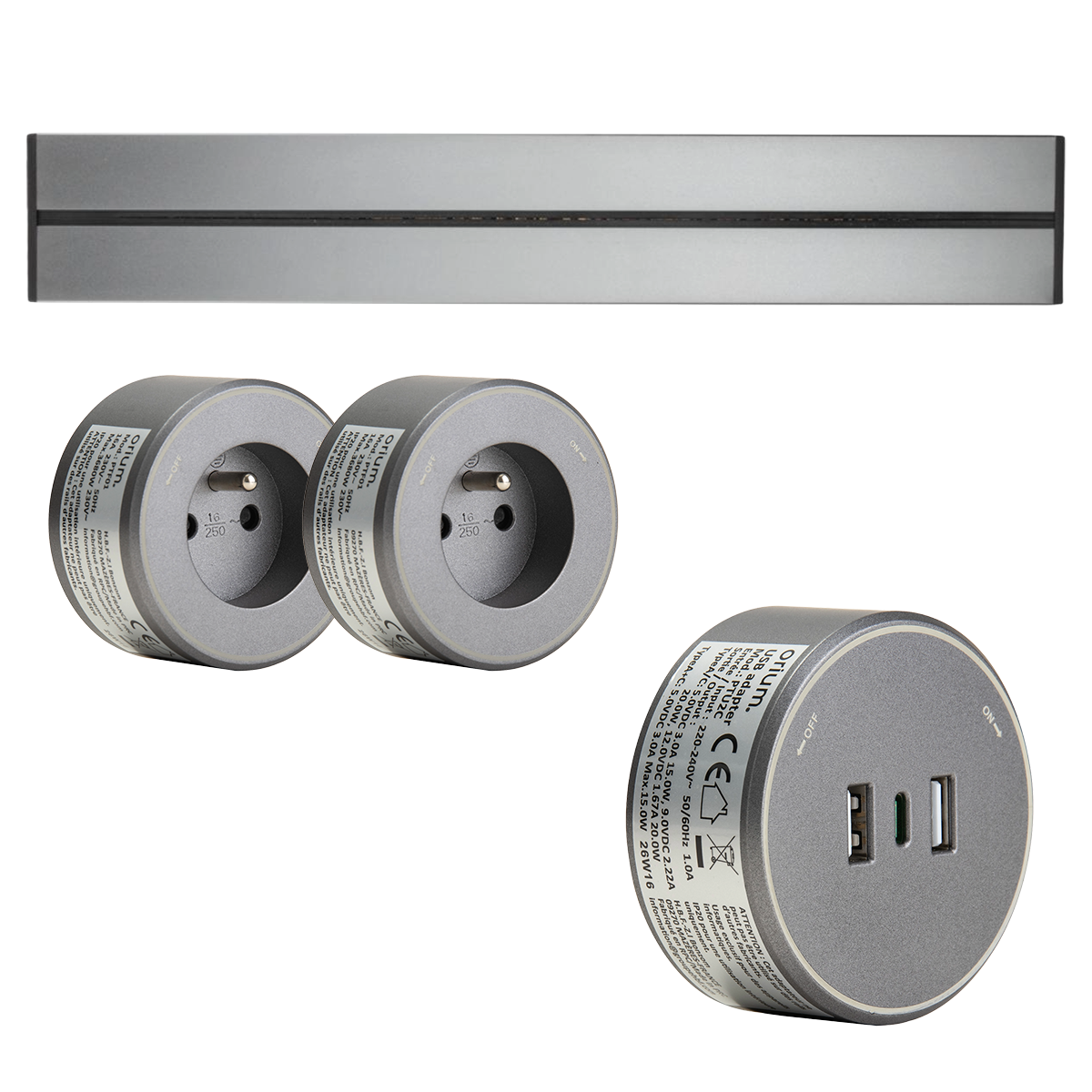 Rail électrique saillie 50cm + 2 prises + 1 module USB - argent - Orium
