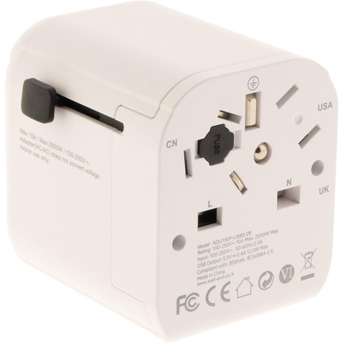 Adaptateur universel de voyage 150 pays 2xUSB + fusibles de protection - Watt and Co